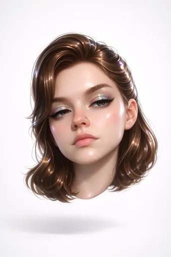 Create a hyper-stylized 3D floating head of a bratty, glamorous version of the subject with a bothered, unimpressed expression: half-lidded eyes, arched brows, and a subtle lip curl, delivering classic "mean girl" attitude. Their fair, porcelain-smooth skin has a glossy vinyl finish with strong highlighter on cheekbones and nose, catching soft studio light. Apply holographic, iridescent eyeshadow shifting from purple to teal with crisp specular glints. Style their thick hair in slick, glossy, sculpted waves or a sleek updo, reflecting light like polished acrylic. Add a small metallic chrome nose piercing (stud or hoop) with subtle brushed-metal reflections. The head floats isolated against a plain white neutral background, tilted 15 degrees, like a premium product render. Use bright, diffuse studio lighting with no harsh shadows, emphasizing gloss, plasticity, and subsurface scattering for realistic depth. Mood: bratty, fashionable, coolly detached. Camera angle: close-up portrait, straight-on. Lens: 85mm. Textures: ultra-smooth, high-gloss, cartoon-style plastic skin, lips, and hair.