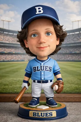 Transform the person into a classic baseball bobblehead, emphasizing its characteristics as a mass-produced collectible rather than a real person. Exaggerate the head to be disproportionately large, making it top-heavy and whimsical, connected to the body by a short, rigid neck that suggests a spring rather than a biological structure. Retain the person's facial features, but simplify details, rendering the face with a smooth, matte finish, devoid of pores or realistic texture. Facial structures should be clean and graphic, with minimal surface detail. Hair and beards should appear as a sculpted whole, using carved grooves and solid forms rather than individual strands. Dress the bobblehead in a baseball uniform inspired by the person's original attire or local colors, unified into a jersey, cap, and accessories. The body should be small, stiff, and distinctly toy-like. Position the bobblehead against a printed or softly illustrated baseball field background, making the overall atmosphere feel like a collectible display, nostalgic and distinctly bobblehead-like. Do not include any names on the bobblehead.