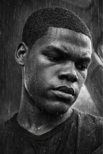 Create an intensely emotional, cinematic black and white portrait. Utilize high-contrast lighting, allowing facial contours to emerge sharply from deep shadows and bright highlights. The subject should appear drenched in rain, with irregular droplets and streaks of water on their cheeks, forehead, and jawline. Hair should be slightly wet, naturally clinging, with a few strands casually falling across the face. The background should remain dark and minimalist to emphasize the illuminated face and water droplets. The overall atmosphere needs to convey a powerful, emotional, and photographic quality—a raw portrait vividly showcasing the texture of real raindrops and dramatic tonal depth.