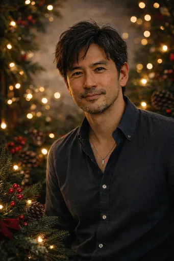 Transform the uploaded photo into a warm, refined holiday portrait. Crucially, preserve the person's true facial features, skin tone, expression, and facial structure, keeping them completely unchanged. Re-render their appearance with soft holiday lighting and warm golden highlights. Adorn the surroundings with festive elements such as evergreen branches, warm string lights, and delicate bokeh, incorporating rich reds, forest greens, and cozy textures to evoke a classic greeting card atmosphere. The final image should be elegant, warm, and timeless, avoiding a cartoonish style.