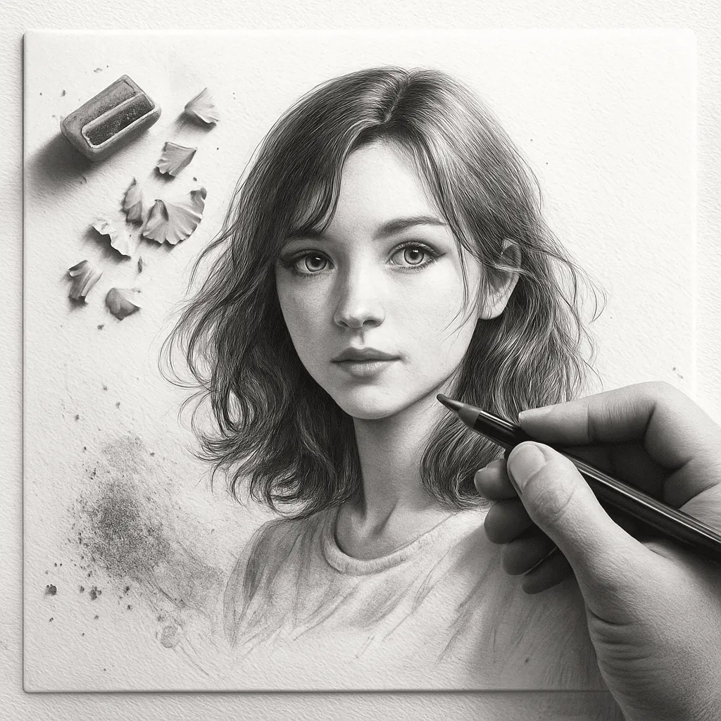 Generate an image based on the uploaded photo, re-creating the subject as an ultra-fine 3D graphite pencil sketch on textured white notebook paper. Emphasize clear paper texture, subtle imperfections, and natural fibers. Show the subject in the act of drawing, holding a pencil to bring the sketch to life on the paper. Include an eraser, pencil sharpener, and pencil shavings scattered on the paper. Realistic shadows, smudges, and detailed graphite residue should adorn the area around the drawing, highlighting the hand-drawn feel.